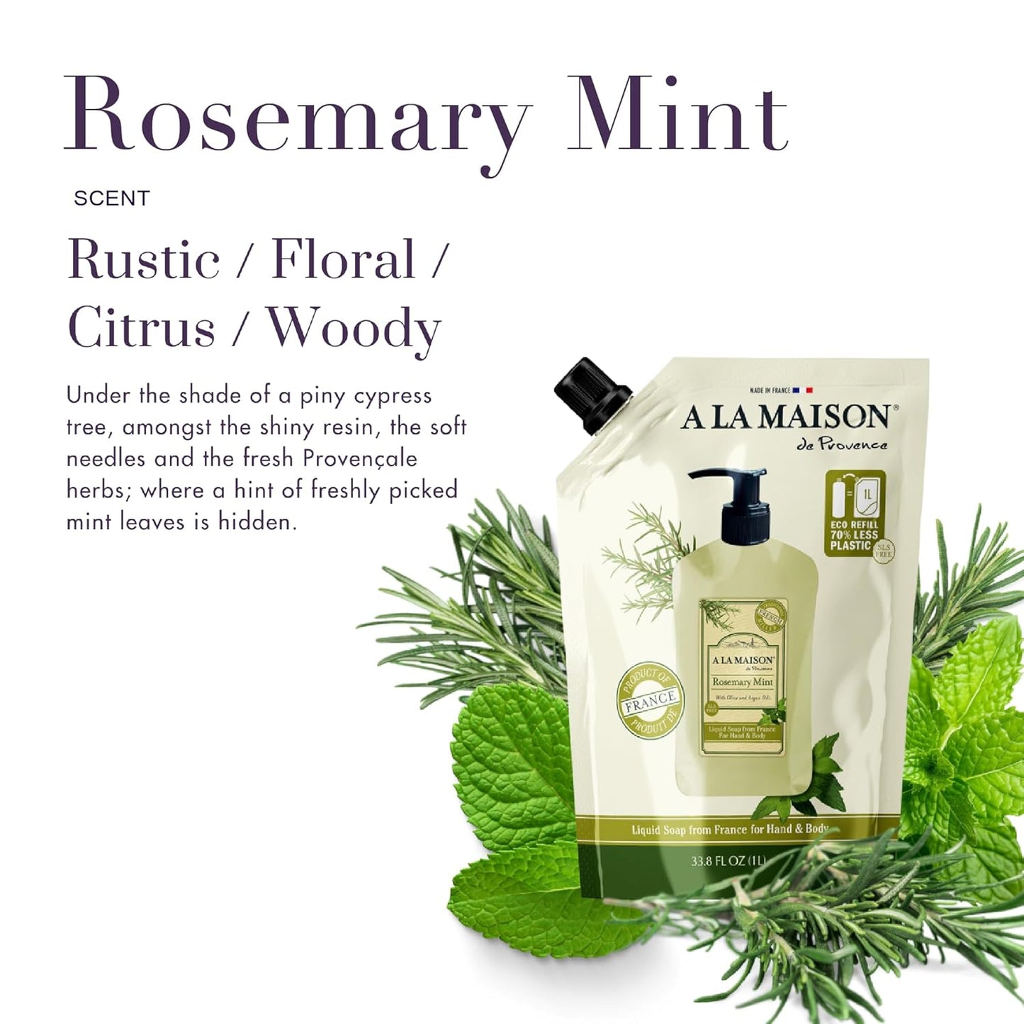 Eco-Friendly Rosemary Mint Hand Soap Refill Pouch - Natural, Biodegradable, Vegan (33.8 oz)