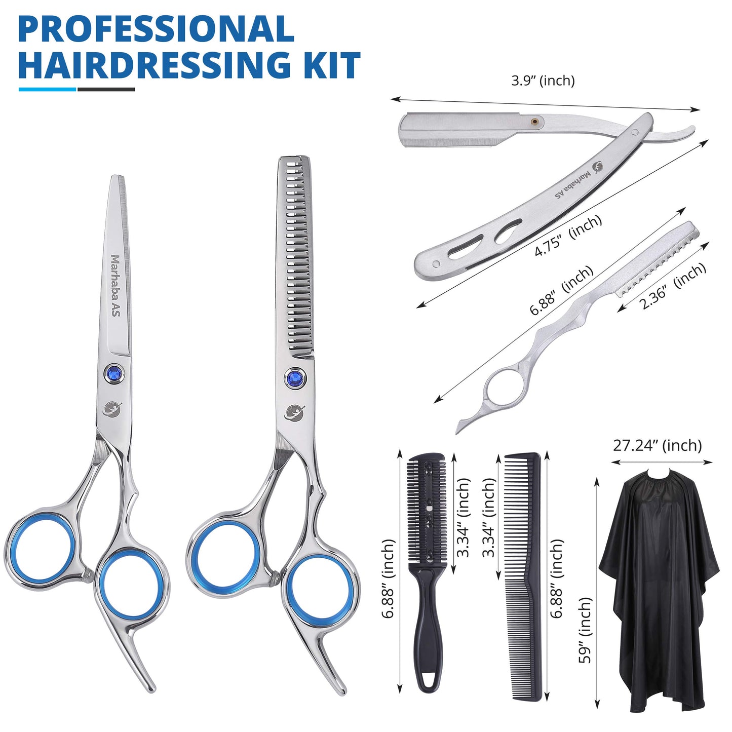 MARHABA AS Hair Scissors –Stainless Steel Precision Kit for Dry & Wet Hair(10pc)