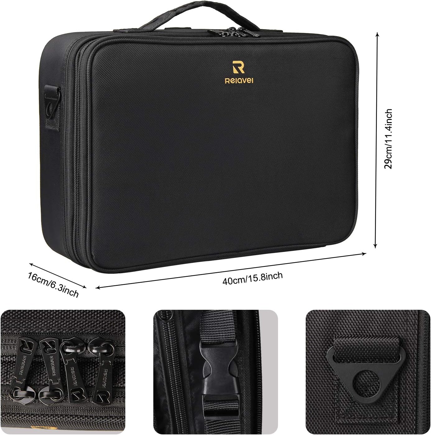 Relavel Portable Travel Makeup Case Organizer with Adjustable Dividers - Black Cosmetic Storage for Brushes, Toiletries & Jewelry
