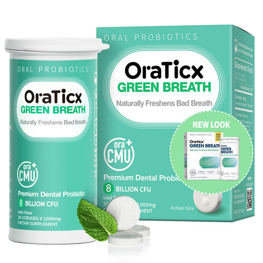 OraTicx Green Breath Oral Care Probiotics, Naturally Support Freshens Bad Breath & Healthy Mouth, Dental Probiotic Supplement 8 Billion CFU, Mint Flavor 30 Lozenges 1-PK