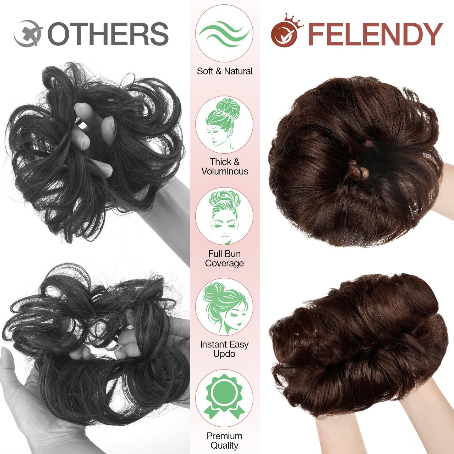 FELENDY 2PCS Messy Bun Hair Piece Large Wavy Curly Elastic Hair Bun Scrunchies Fluffy Thick Donut Chignon Hairpieces Updo Extensions Dark Red