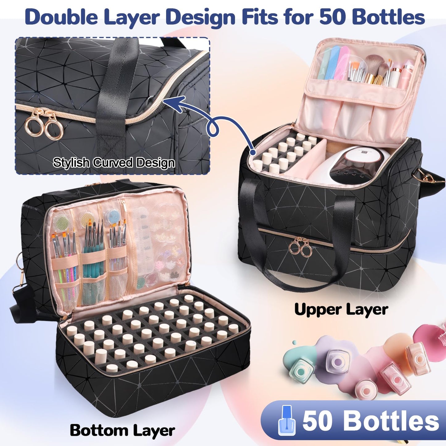 Partreko Nail Polish Organizer Holds 50 Bottles (15ml/0.5 fl.oz)& Nail Lamp, PU Leather Nail Organizers and Storage Bag with Shoulder Strap, Portable Nail Supplies Kit Organizer Carrying Case (Black)