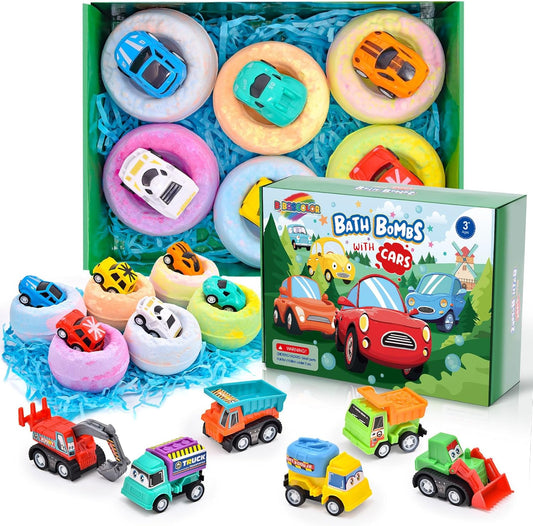 Natural Bath Bombs for Kids - 6 Pack Organic Colorful Foam Bubble Set & Pull-Back Cars - Perfect Christmas Gift for Toddlers