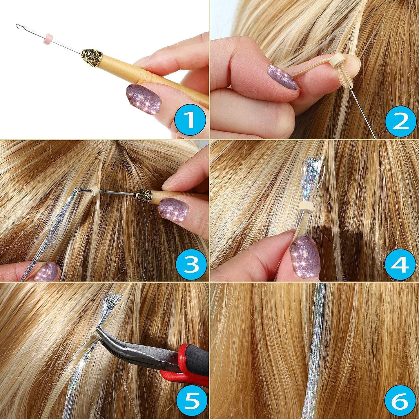 Hair Tinsel Kit, Fairy Tinsel Hair Extensions With Tool 2760 Strands 12 Colors Holographic Heat Resistant Sparkling Hair Glitter for Christmas New Year Party (48 Inch)