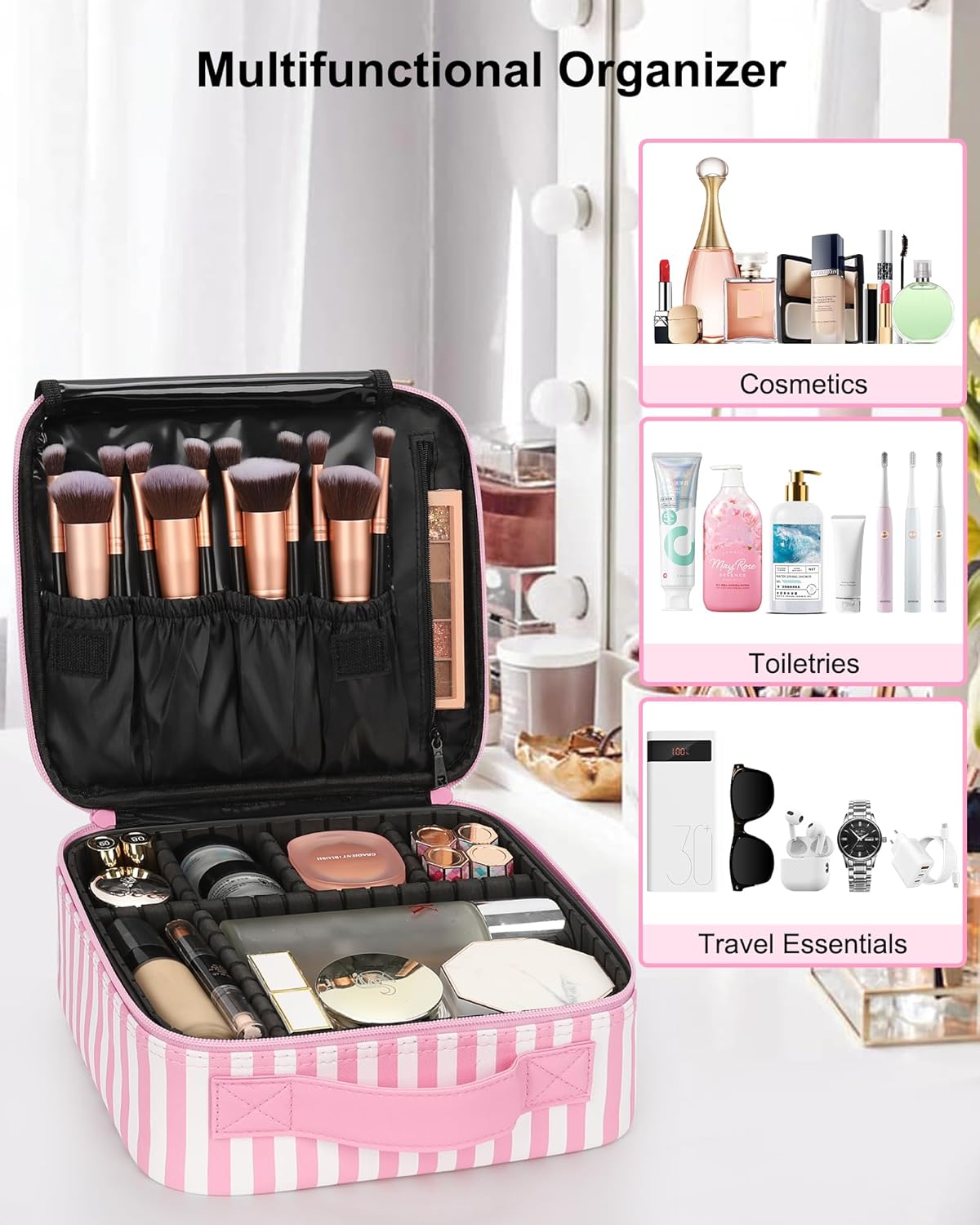 Relavel Portable Travel Makeup Case Organizer with Adjustable Dividers - Black Cosmetic Storage for Brushes, Toiletries & Jewelry