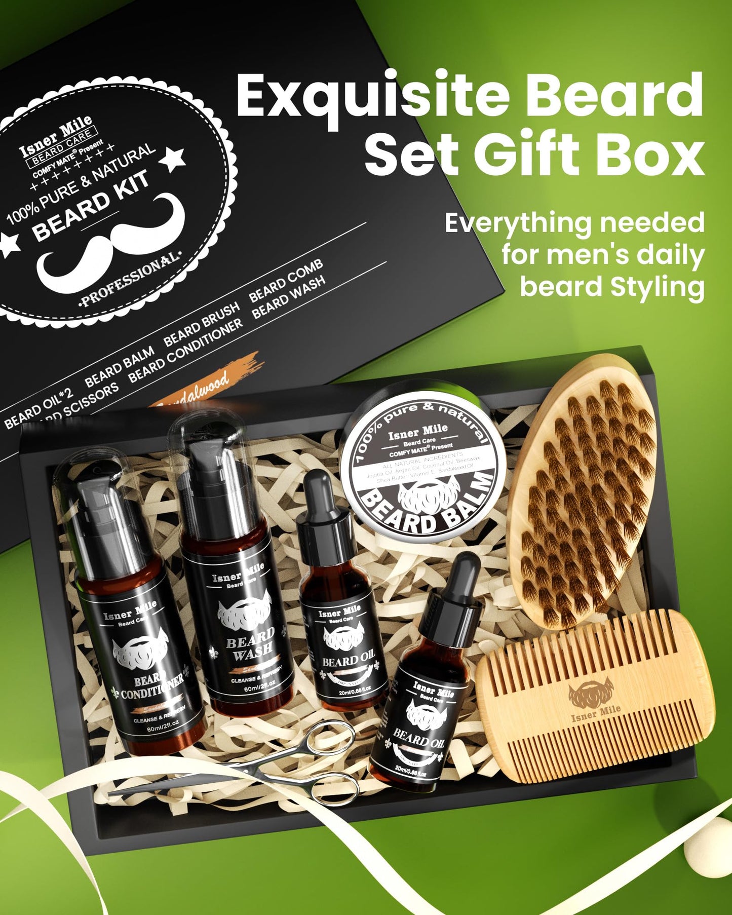 Comfy Mate Beard Kit for Men Grooming and Care: with Beard Shampoo & Conditioner Oil and Balm Brush Comb Scissors, Father's Day - Christmas - Birthday Gifts for Men Stocking Stuffers for Him Husband