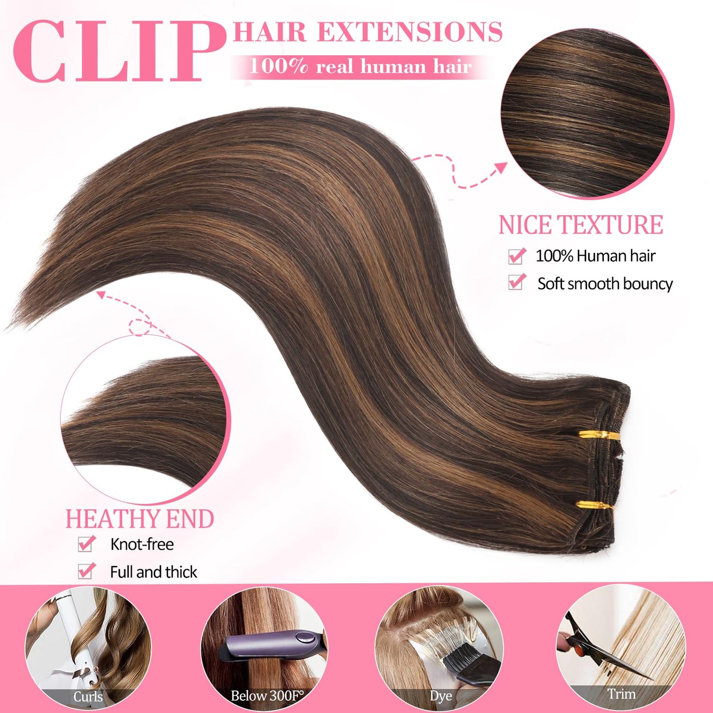 Clip in Hair Extensions Real Human Hair Seamless Balayage Human Clip ins Extensions for Women Invisible Straight 8Pcs Double Weft Dark Brown Highlight Chestnut Brown 16inch 90g