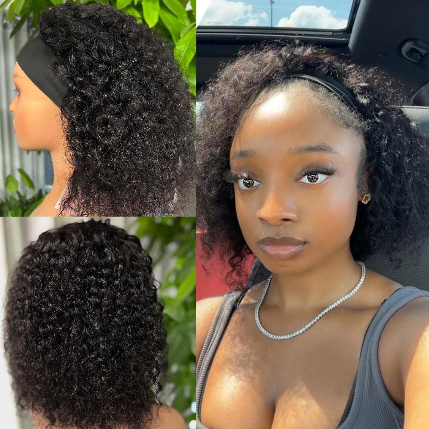 Punmasa Headband Wig Human Hair Deep Wave 12 Inches None Lace Front Wig Human Hair Machine Made Wigs 150% Density Headband Curly Human Hair Wigs for Women Natural Color Half wig