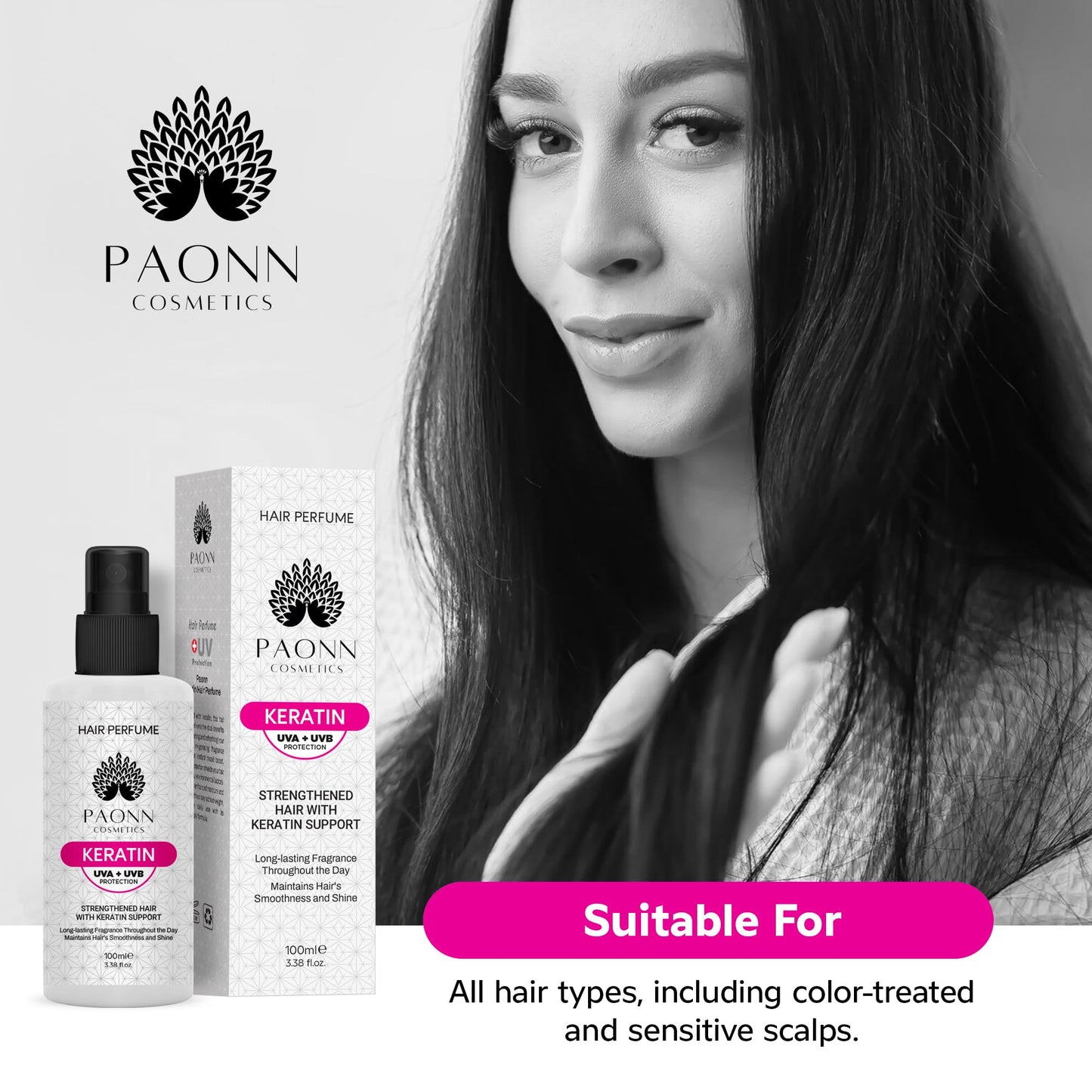 PAONN Keratin Hair Perfume, Keratin-Enriched Mist, UVA & UVB Protection Fragrance, Long-Lasting Scent, Hair Care Smoothness & Shine