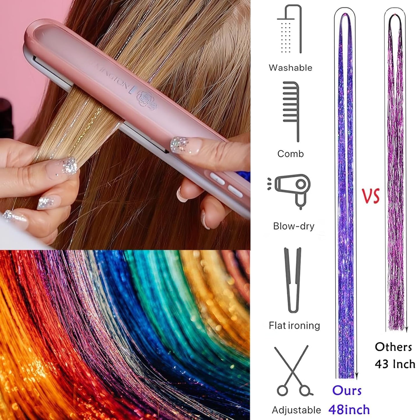 Hair Tinsel,18 Colors Hair Tinsel Kit for Girls 7600 Strands Fairy Tinsel Hair Extensions Holographic Hair Tinsel Heat Resistant Colored Hair Glitter Christmas Party Festival (18 Colors)
