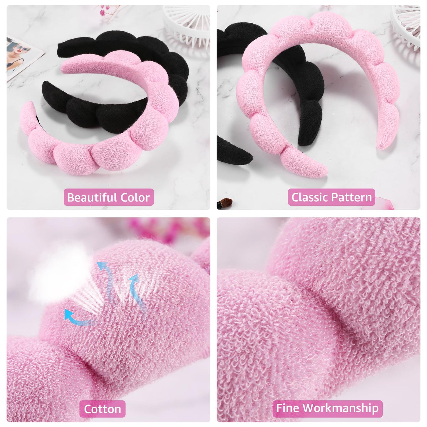 Ztomine Spa Headbands for Washing Face or Facial, Set of 2 Skincare Headbands, Terry Cloth Headband Wash Combo Pack - Puffy Makeup Washing, Mask, Skin Treatment (Black & Pink)