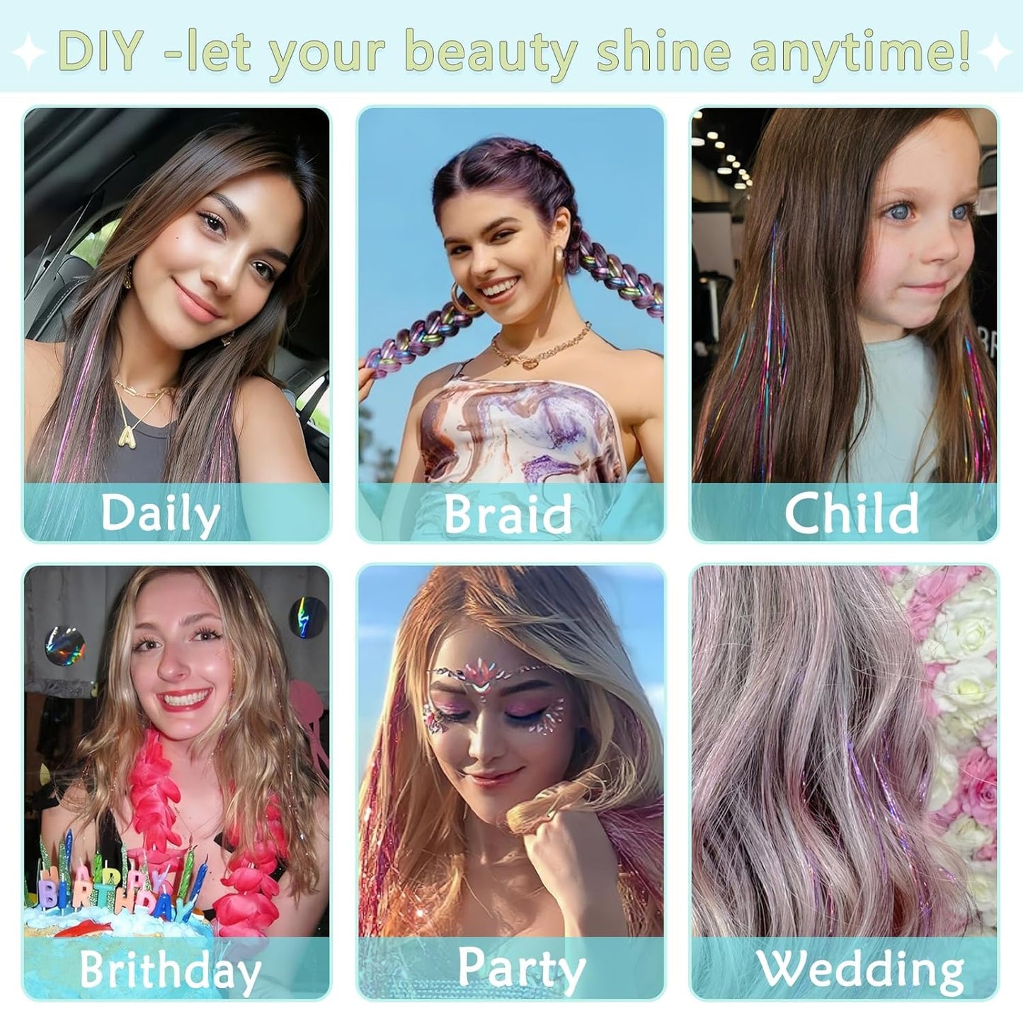 Hair Tinsel,18 Colors Hair Tinsel Kit for Girls 7600 Strands Fairy Tinsel Hair Extensions Holographic Hair Tinsel Heat Resistant Colored Hair Glitter Christmas Party Festival (18 Colors)