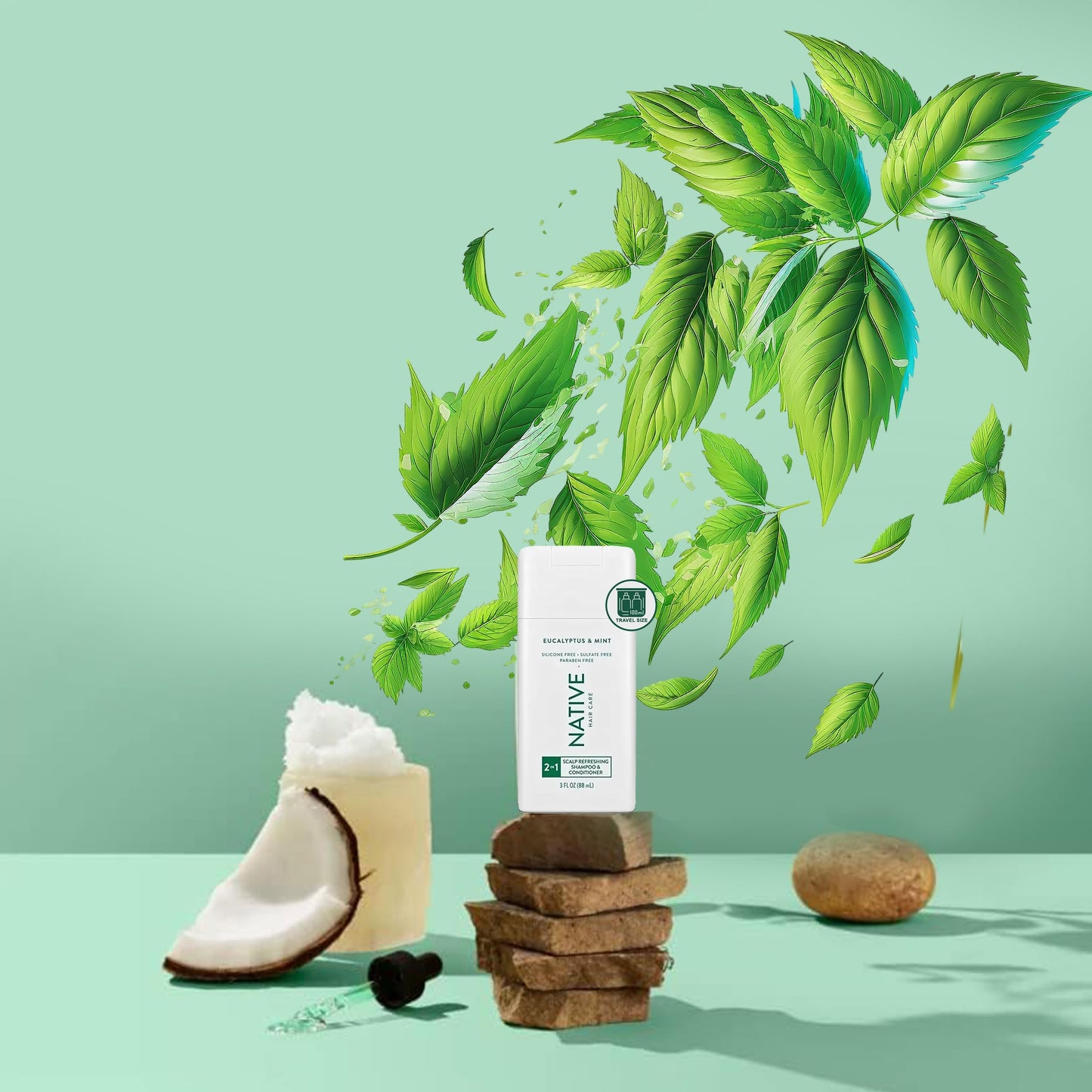 Native 2 in 1 Shampoo and Conditioner, 2 Pack Travel Size Shampoo and Conditioner for Men and Women with Naturally Derived Plant Based Ingredients, Eucalyptus and Mint Scent, 3 oz. Each
