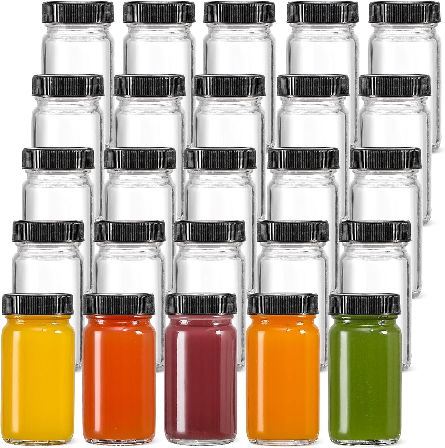 20 Pack Mini Glass Shot Bottles 2 oz with Lids & Labels - Leakproof Travel Jars for Juice, Whiskey, Wellness Shots