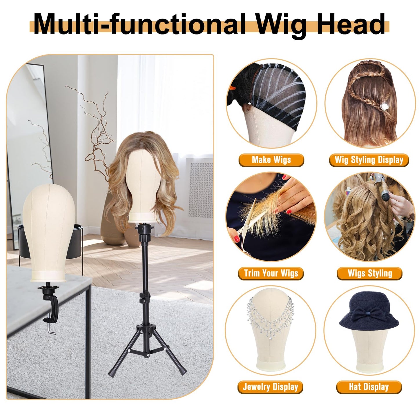 PWEOUKE 22 Inch Canvas Wig Head with Stand for Wigs ,Height Adjustable Wig Stand Tripod with Canvas Block Wig Head,Manikin Head Block Set for Cosmetology with Wig Stand and Storage Bag 22 Inch