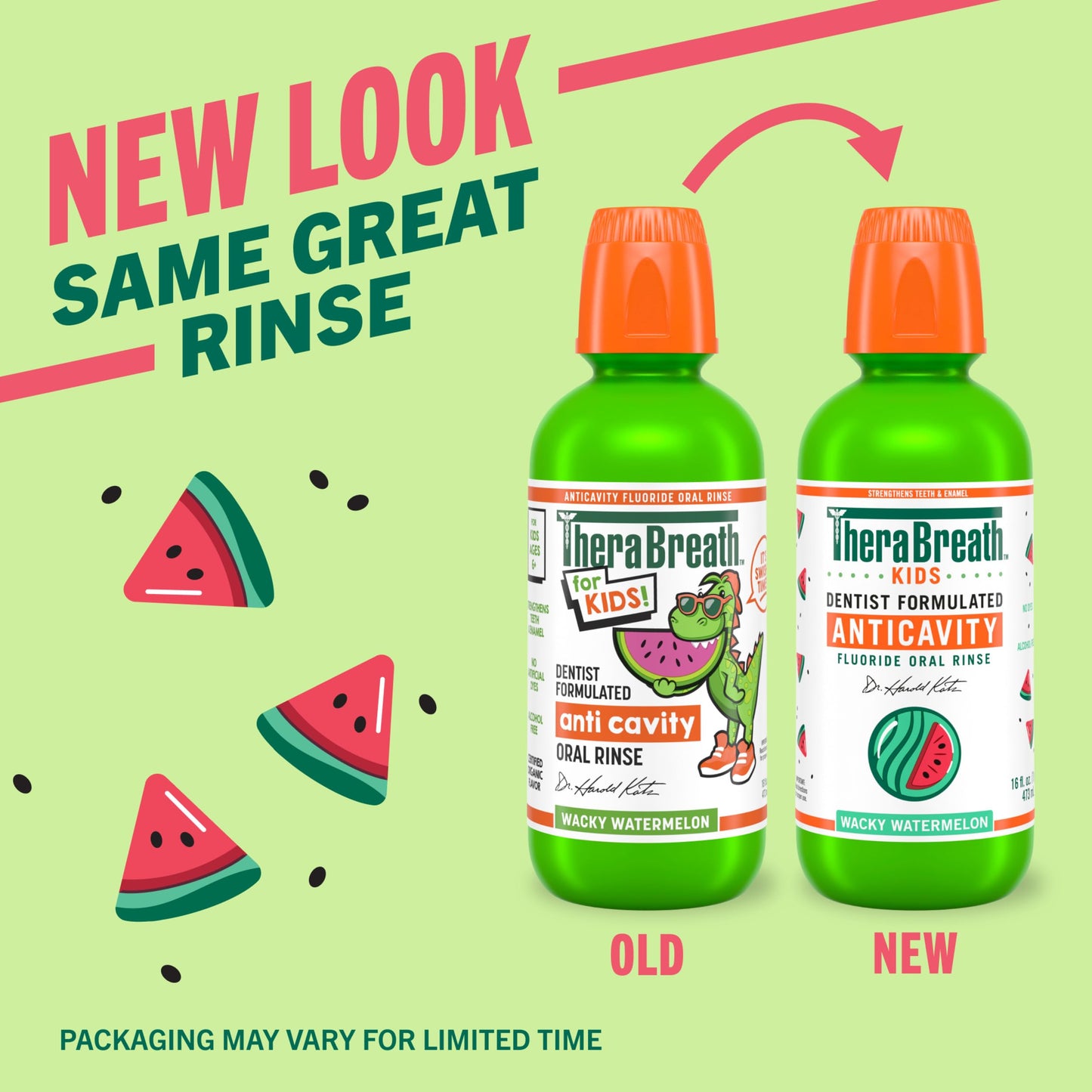 TheraBreath Kids Organic Wacky Watermelon Mouthwash with Fluoride, Anticavity, Dentist Formulated, 16 Fl Oz