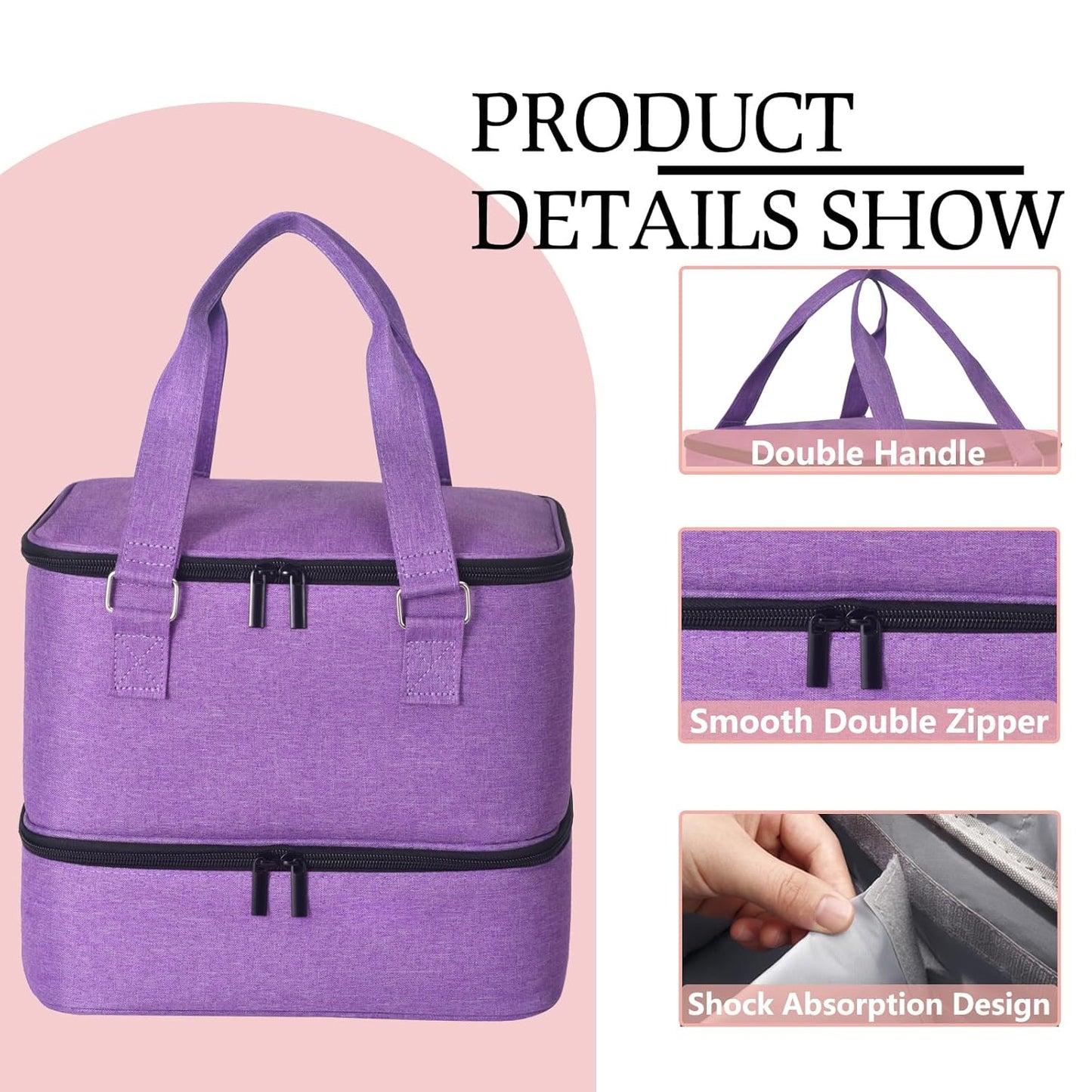Nail Polish Organizer Bag with Travel Case for 30+ Bottles & Nail Lamp - Purple