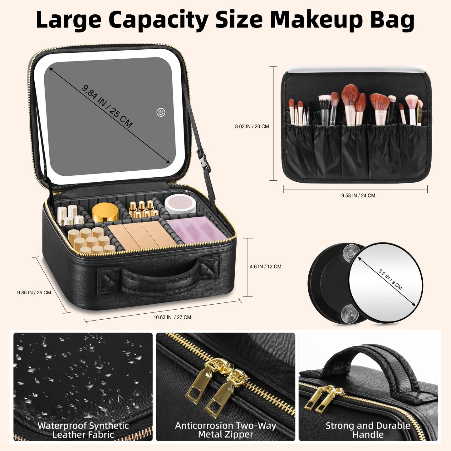 RRtide Travel Makeup Bag with Mirror of LED Lighted, Makeup Train Case with Adjustable Dividers, Makeup Case with Mirror and Detachable 10x Magnifying Mirror