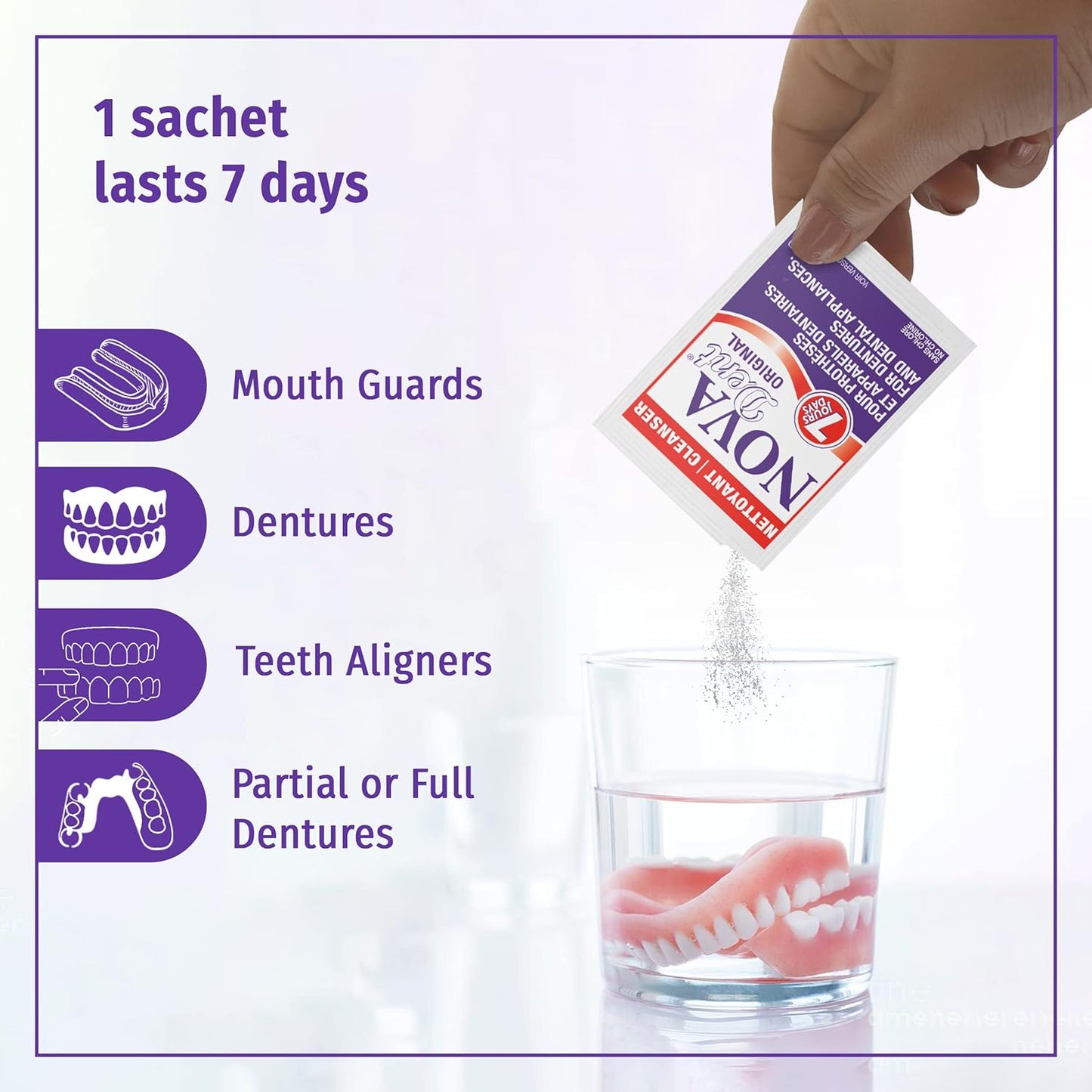 Novadent Denture Cleaner - 12 Sachets for Retainers, Mouth Guards & Aligners