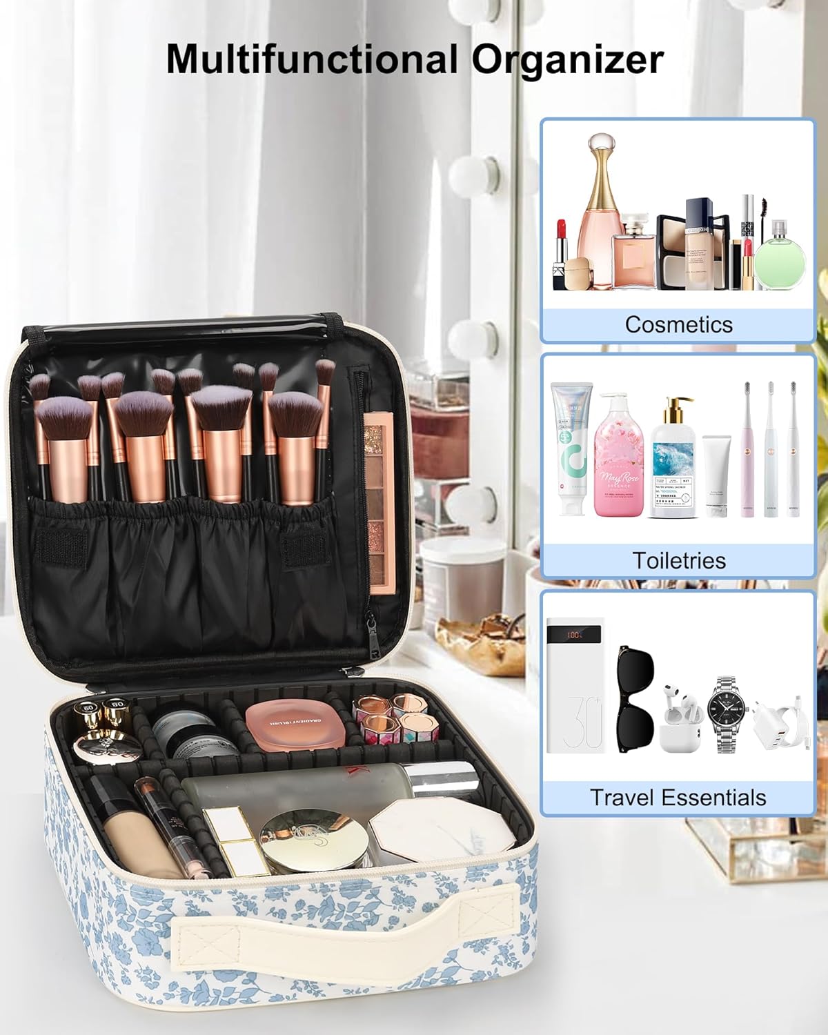 Relavel Portable Travel Makeup Case Organizer with Adjustable Dividers - Black Cosmetic Storage for Brushes, Toiletries & Jewelry