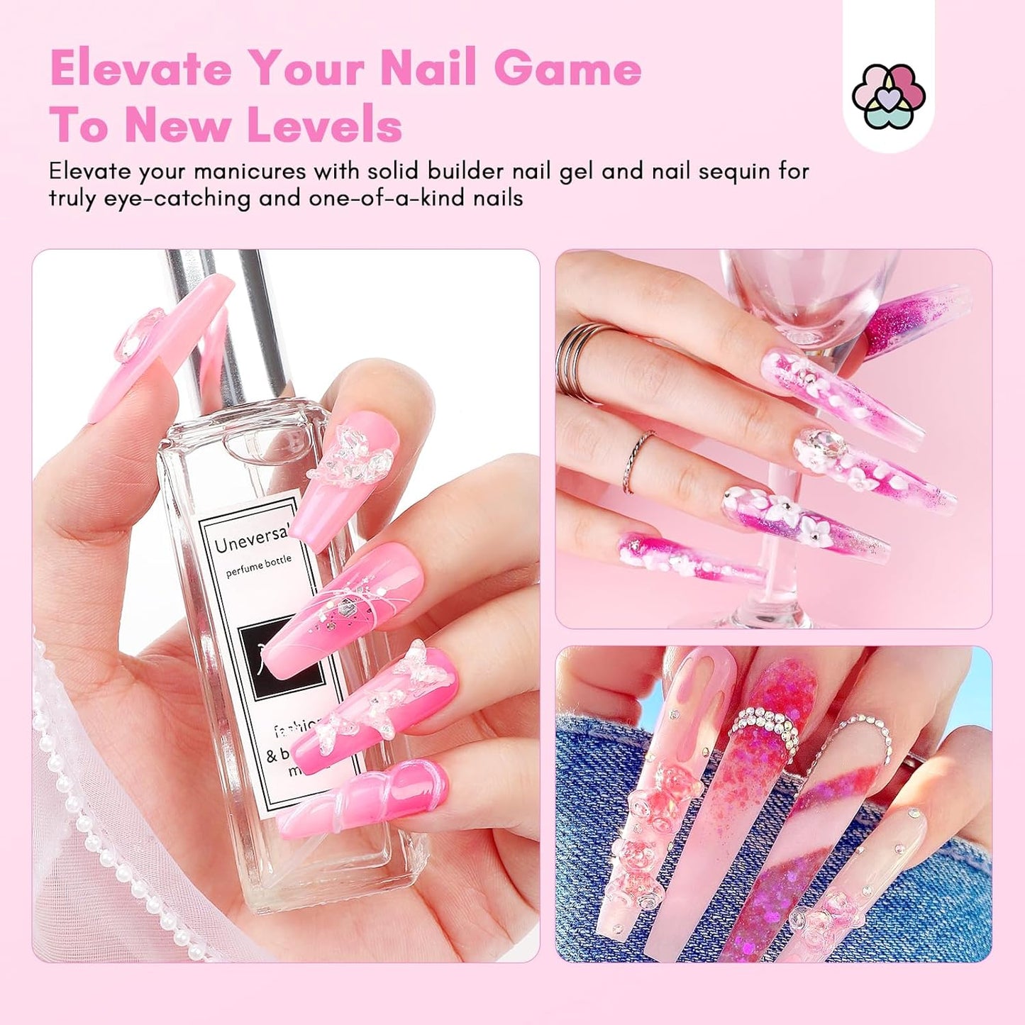 Builder Nail Gel Kit - 4 Colors (Clear, Nude, White, Pink) for Nail Extensions & 3D Sculpting - Long-Lasting Non-Sticky Hard Gel with Chrome Powder