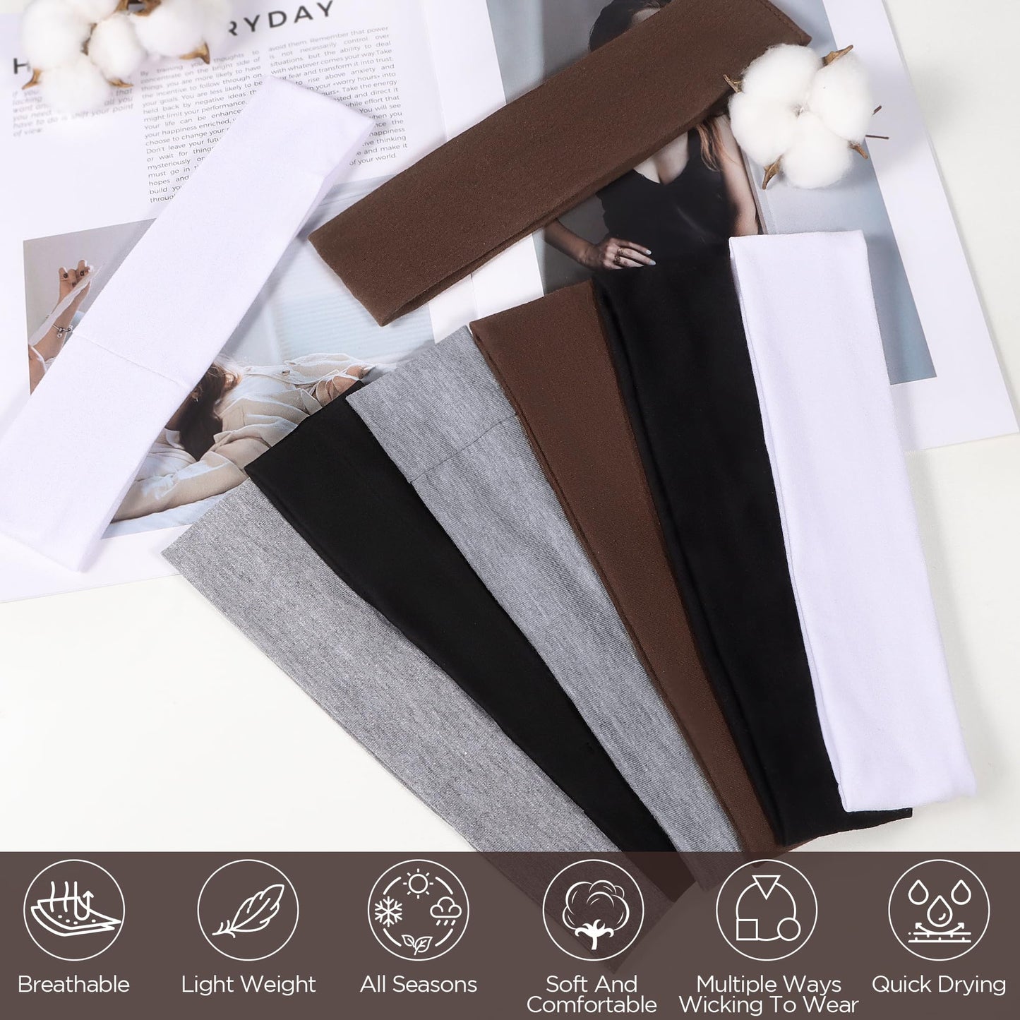 8 Pack Headbands for Women Non Slip - Stylish Sports Hair Bands for Women's Hair - Soft Cotton Cloth Stretchy Headbands for Women for Yoga, Outdoor Exercise Running