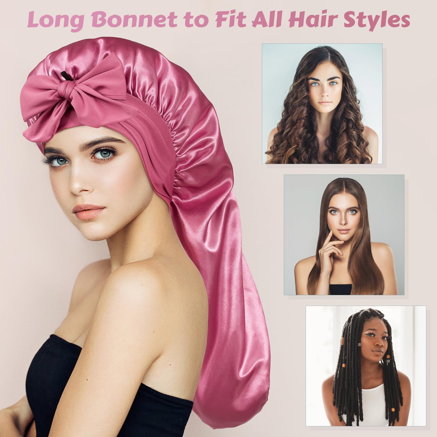 ROYBENS Long Bonnet Satin Hair Silk Bonnet for Sleeping Women, Silky Bonnets for Women with Tie Band, Sleep Cap for Braids Curly Hair