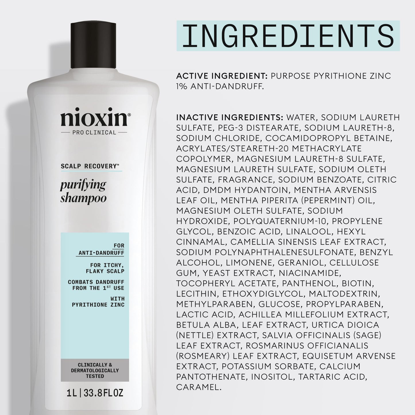 Nioxin Scalp Recovery Purifying Shampoo | For Dandruff and Itchy Scalp | With Pyrithione Zinc and Green Tea Extracts| 33.8 Fl oz.