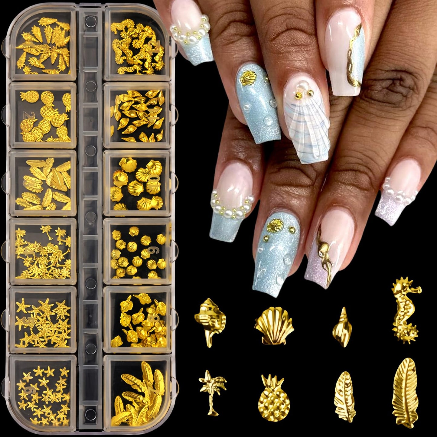 3D Metal Nail Art Studs Mixed Shapes Gold Shell Seahorse Starfish Conch Alloy Nail Rivets Seashell Starfish Nail Rhinestones Ocean Theme Designs Summer Beach DIY Crafts Manicure Decoration 12 Grids