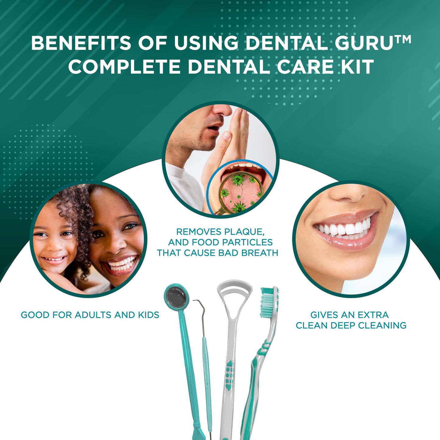 GuruNanda Dental Tools - Complete Oral Care Kit - Toothbrush, Mirror, Tongue Cleaner, Pick - White Set of 4