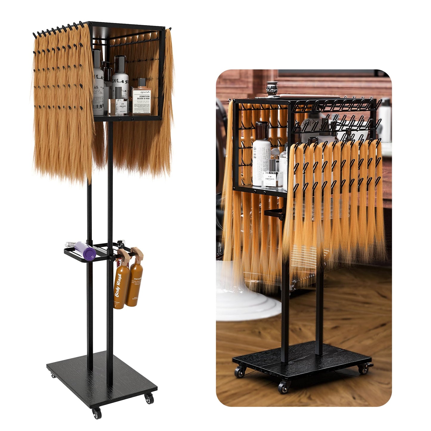 yeshine Metal Braiding Hair Rack, Hair Extension Holder Height Adjustable, Braiding Hair Holder with Wheels, Hair Braiding Tools, 3 Sided Hair Separator Stand with Large Capacity (128 Pegs)
