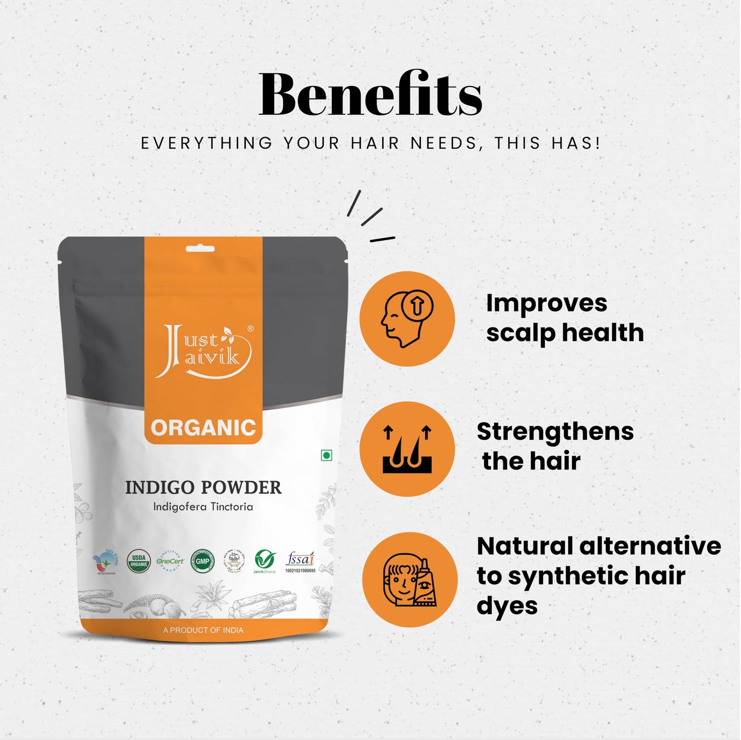 Just Jaivik 100% Organic Indigo Powder - 227 gms / 1/2 LB Pound / 08 Oz - Indigofera Tinctoria- A 100% Organic Hair Dye - Color your hair dark brown to black with Henna