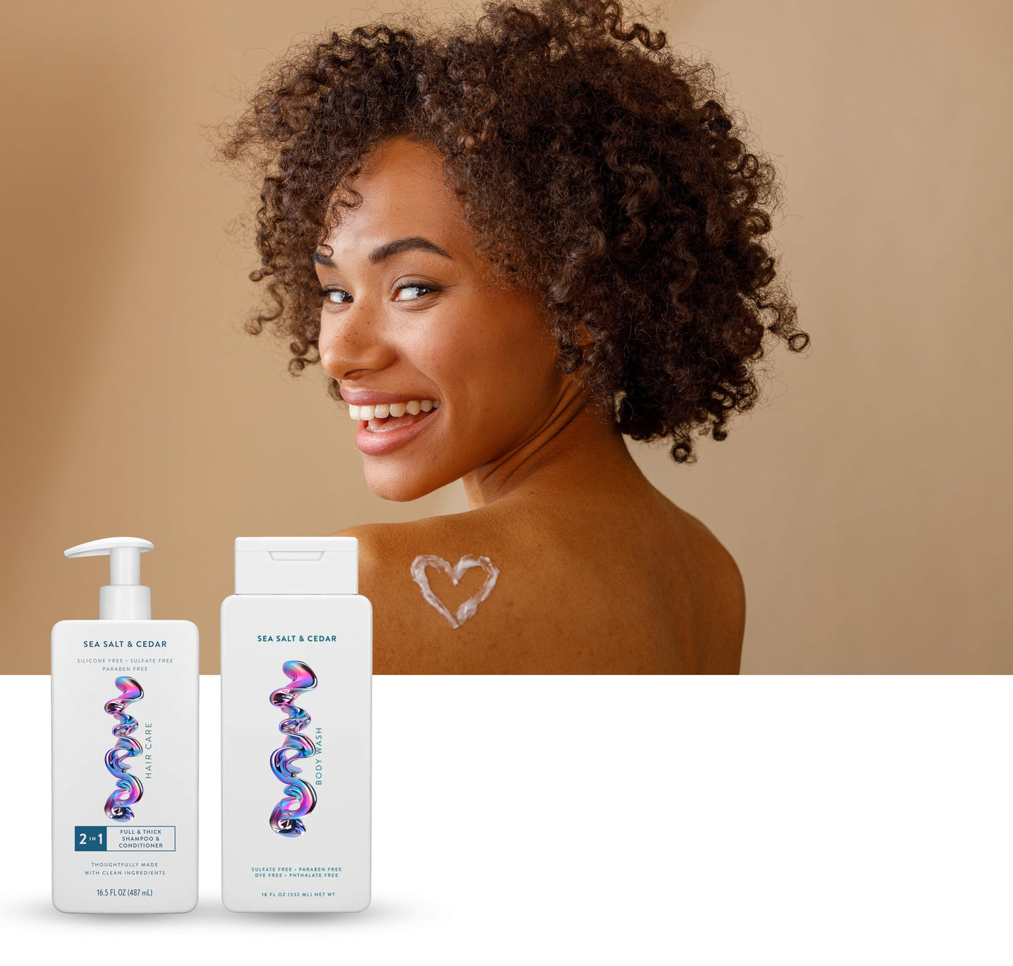 Hair and Body Wash - 2 in 1 Shampoo and Conditioner And Body Wash - Sea Salt & Cedar - Contain Naturally Derived Ingredients | All Hair - 16.5 and 18 FLOz - Pack Of 02