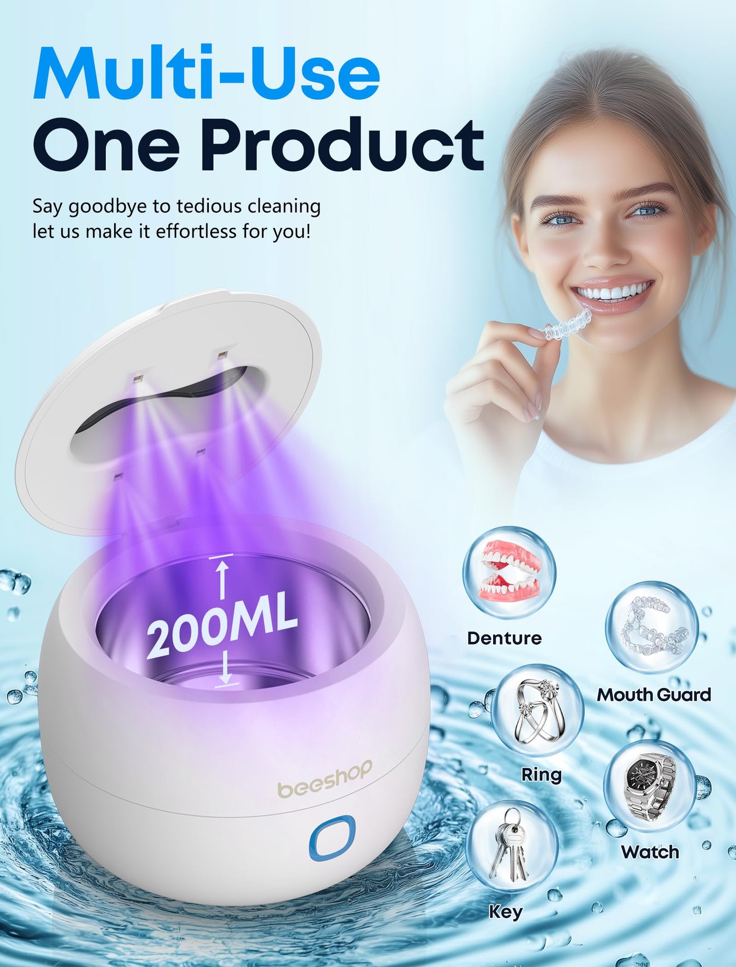 Ultrasonic Retainer Cleaner, 45kHz Retainer Cleaner Machine for Dentures, Mouth Guards, Night Guard, Braces, Aligner, Jewelry, 3 Modes Denture Cleaner & 200ML Dental Cleaning Pod (White)