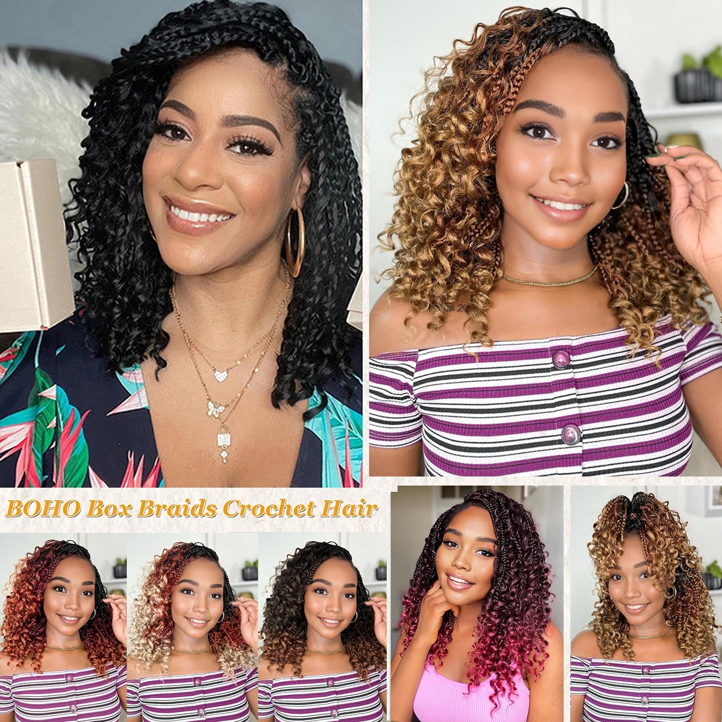 Yewell Goddess Box Braids Crochet Hair 10 Inch Boho Crochet Box Braids With Curly Ends,9 Packs Bohomian Box Braids Crochet Hair For Black Women Pre Looped Box Braids Crochet Hair (10Inch,1B/30/27)