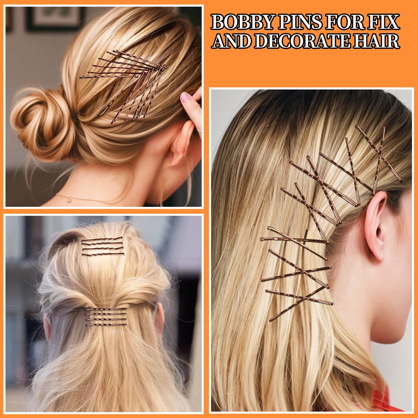 Teenitor 300pcs Bobby Pins Hair Pins Kit, 100 Hair Pin for Women 100 Bobby Pins Brown and 100 Hair Bands, Hair Pins for Buns 2inch 2.36inch 2.75inch