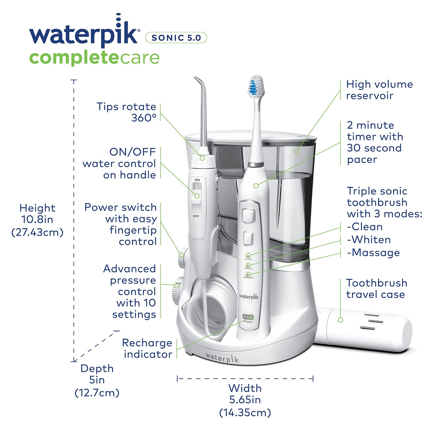 Waterpik Complete Care 5.0 Water Flosser + Sonic Electric Toothbrush, White WP-861