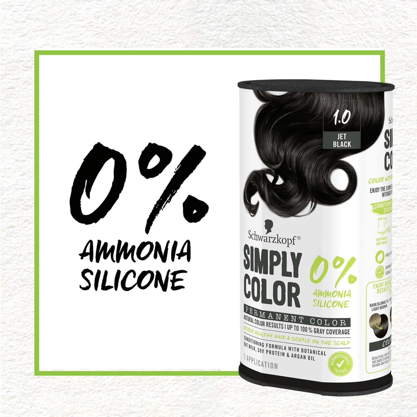 Schwarzkopf Simply Color Hair Color 1.0 Jet Black, 1 Application - Permanent Hair Dye for Healthy Looking Hair without Ammonia or Silicone, Dermatologist Tested, No PPD & PTD