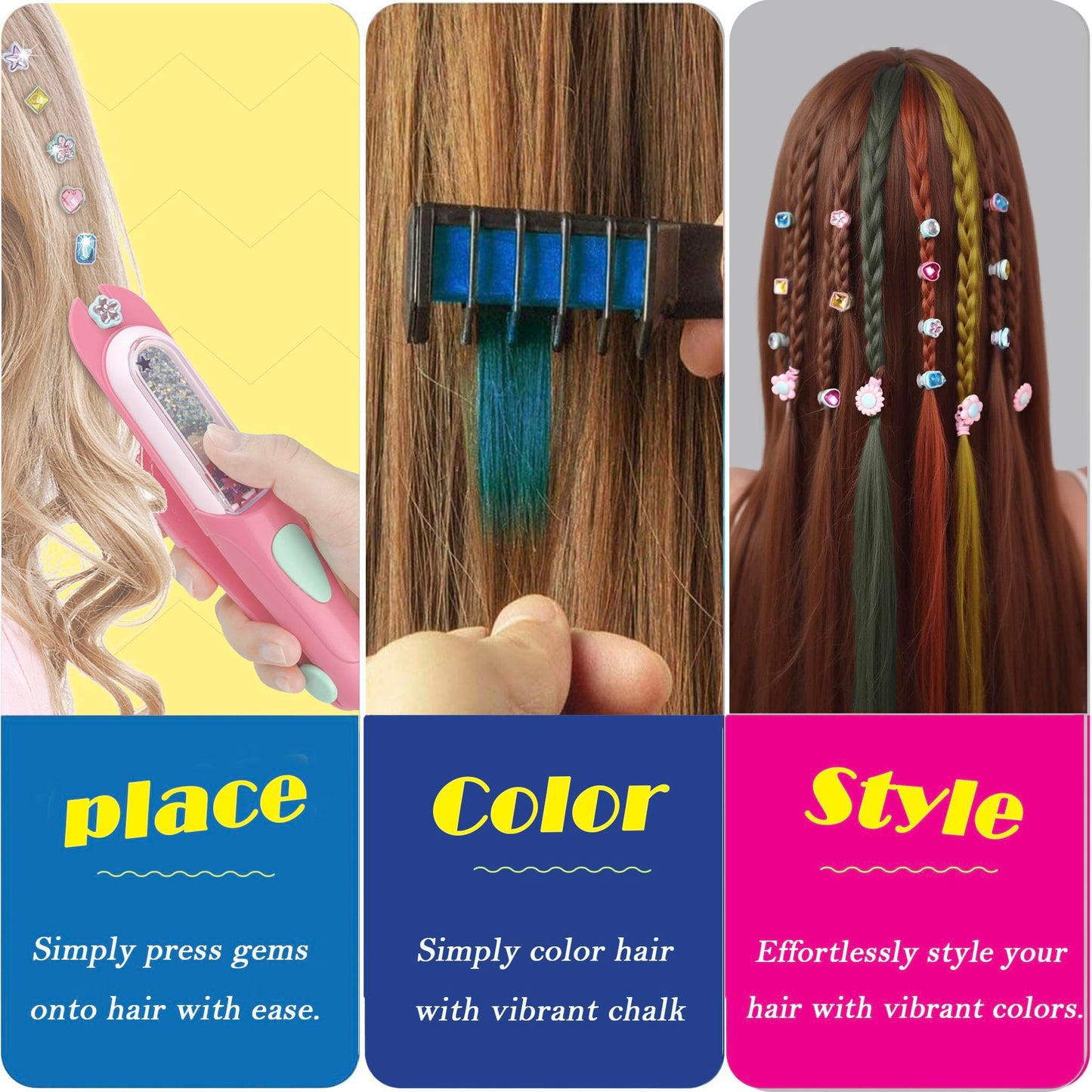 Hair Gem Stamper Kit with Reusable Bling Jewels & Washable Chalk - Girls Hair Styling Toys, Creative DIY Accessories, Birthday Gifts for Ages 5-12 (Light Hair Friendly)