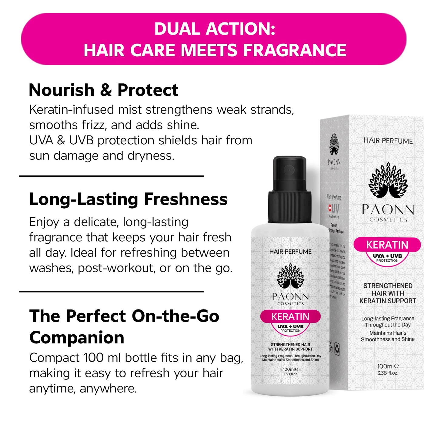 PAONN Keratin Hair Perfume, Keratin-Enriched Mist, UVA & UVB Protection Fragrance, Long-Lasting Scent, Hair Care Smoothness & Shine