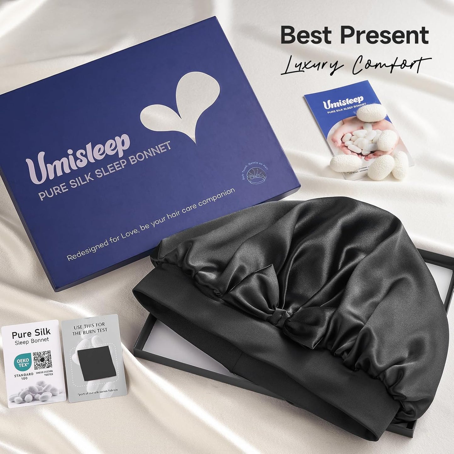 22 Momme Mulberry Silk Bonnet for Women - Double-Sided Non-Slip Sleep Cap for Long Curly Hair, Adjustable Band, Ebony