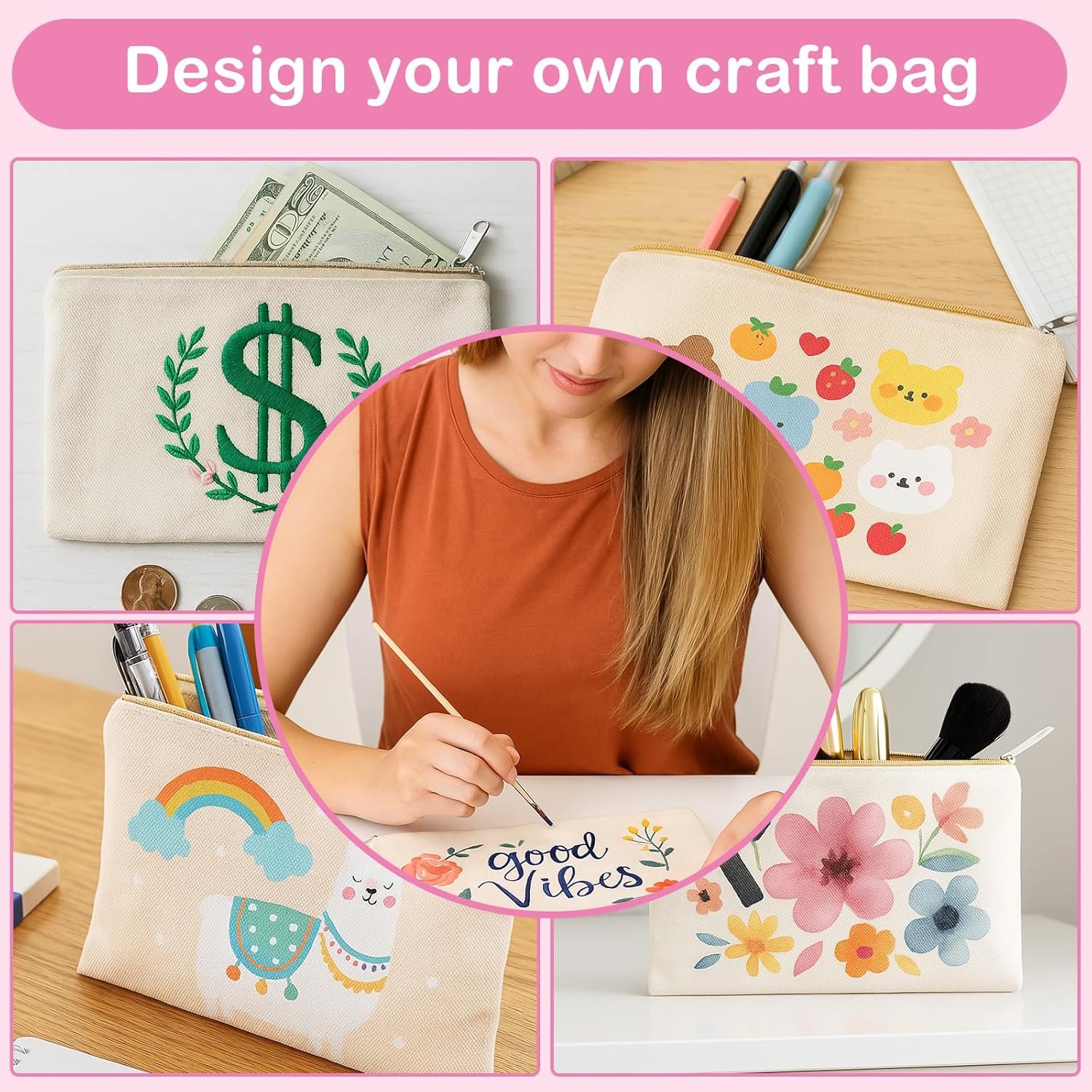 16 Pack Canvas Makeup Bags - Blank Zipper Pouches for DIY Crafts & Travel Toiletry Storage (Beige)