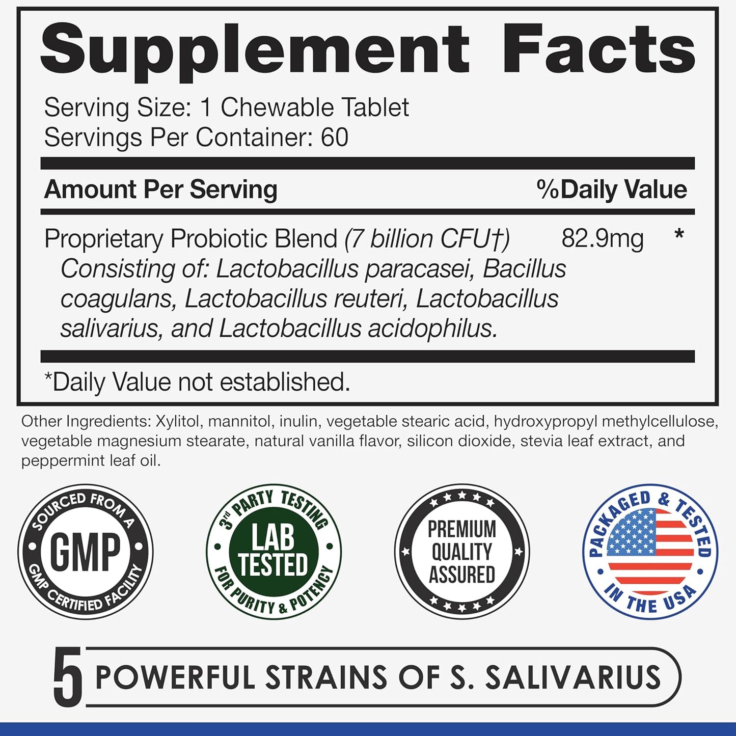 Oral Probiotics for Bad Breath Treatment - Dental Health Lozenges for Adults - 60 Peppermint Chews