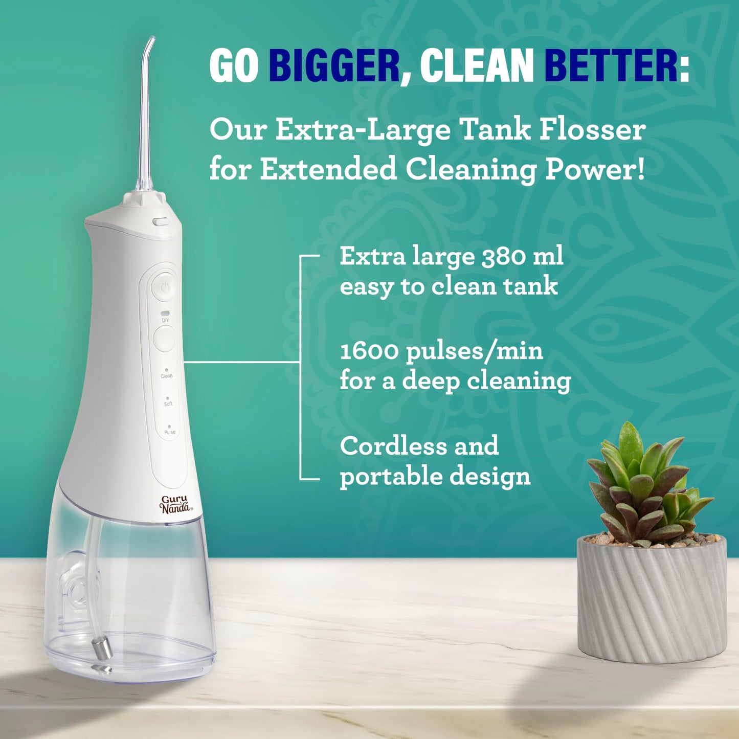GuruNanda Water Dental Flosser 2.0 XL – 380ML Large Tank, 4 Flossing Modes, Cordless & Portable with Smart Timer for Deep Cleaning & Happy Gums - White