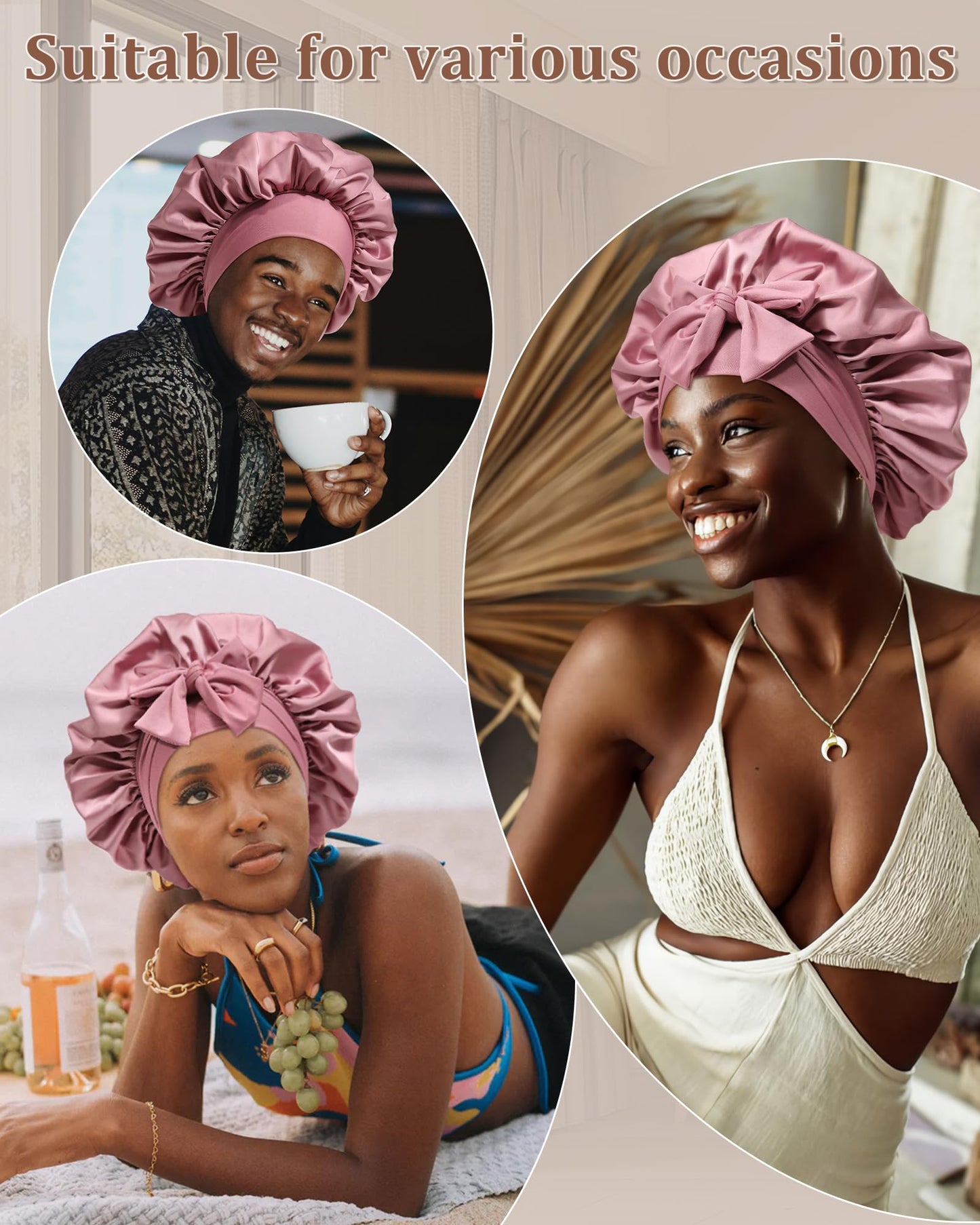 Reversible Satin Bonnet for Sleeping Women - Double Layer Hair Wrap with 2PCS Scrunchies & Elastic Tie Band - Night Cap for Natural Curly Hair (Bean Paste + Pink)