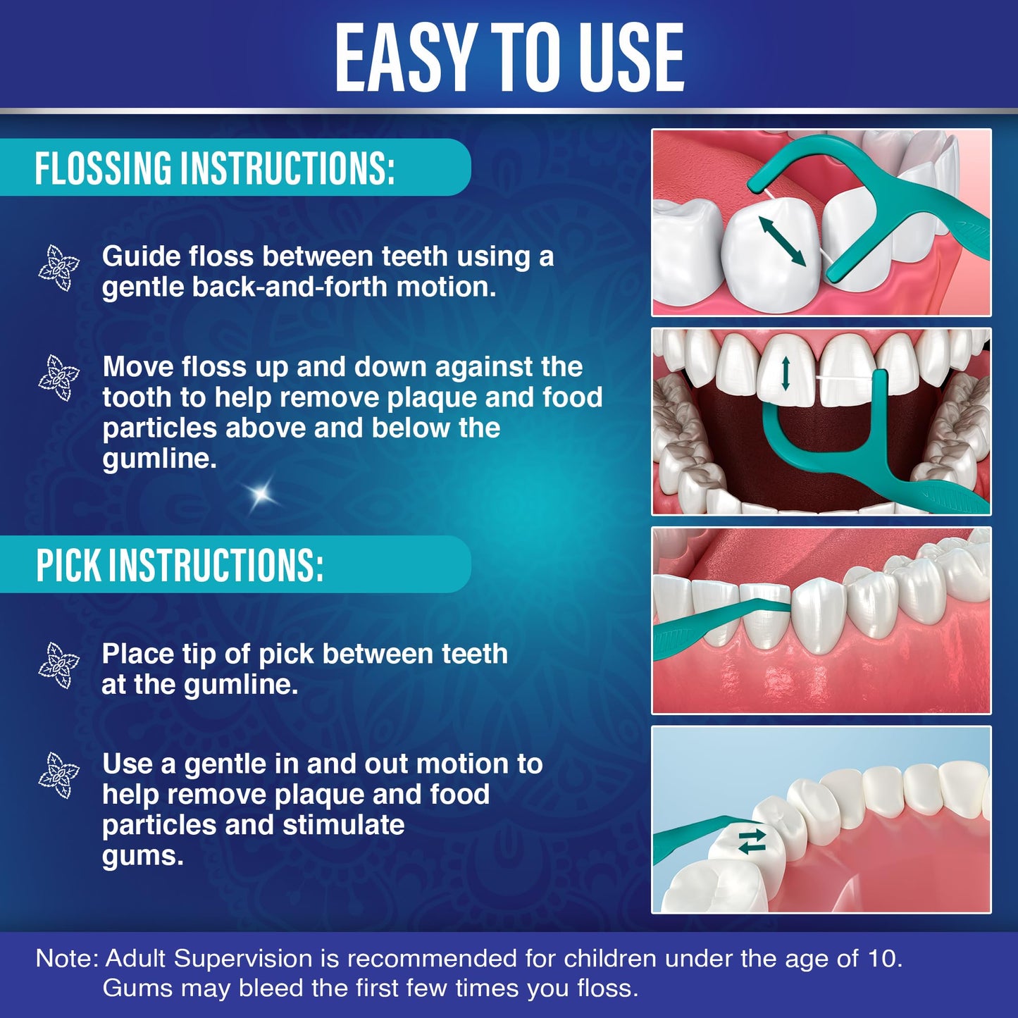 GuruNanda Fresh Floss Dental Picks - Non- Shred Thread with Angled Pick for Effective Plaque Removal - Dentist Recommened - Travel Friendly for Adults & Kids - 60 Pack
