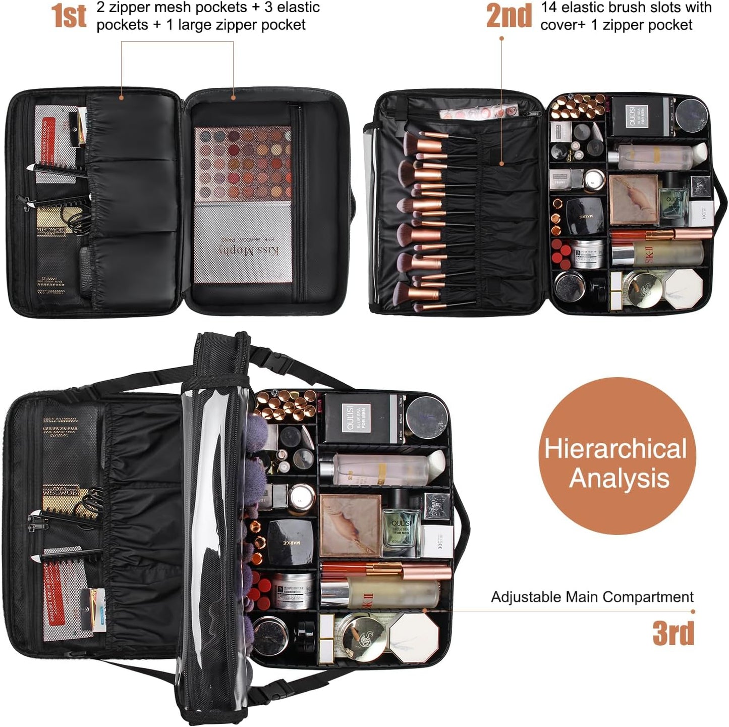 Relavel Portable Travel Makeup Case Organizer with Adjustable Dividers - Black Cosmetic Storage for Brushes, Toiletries & Jewelry