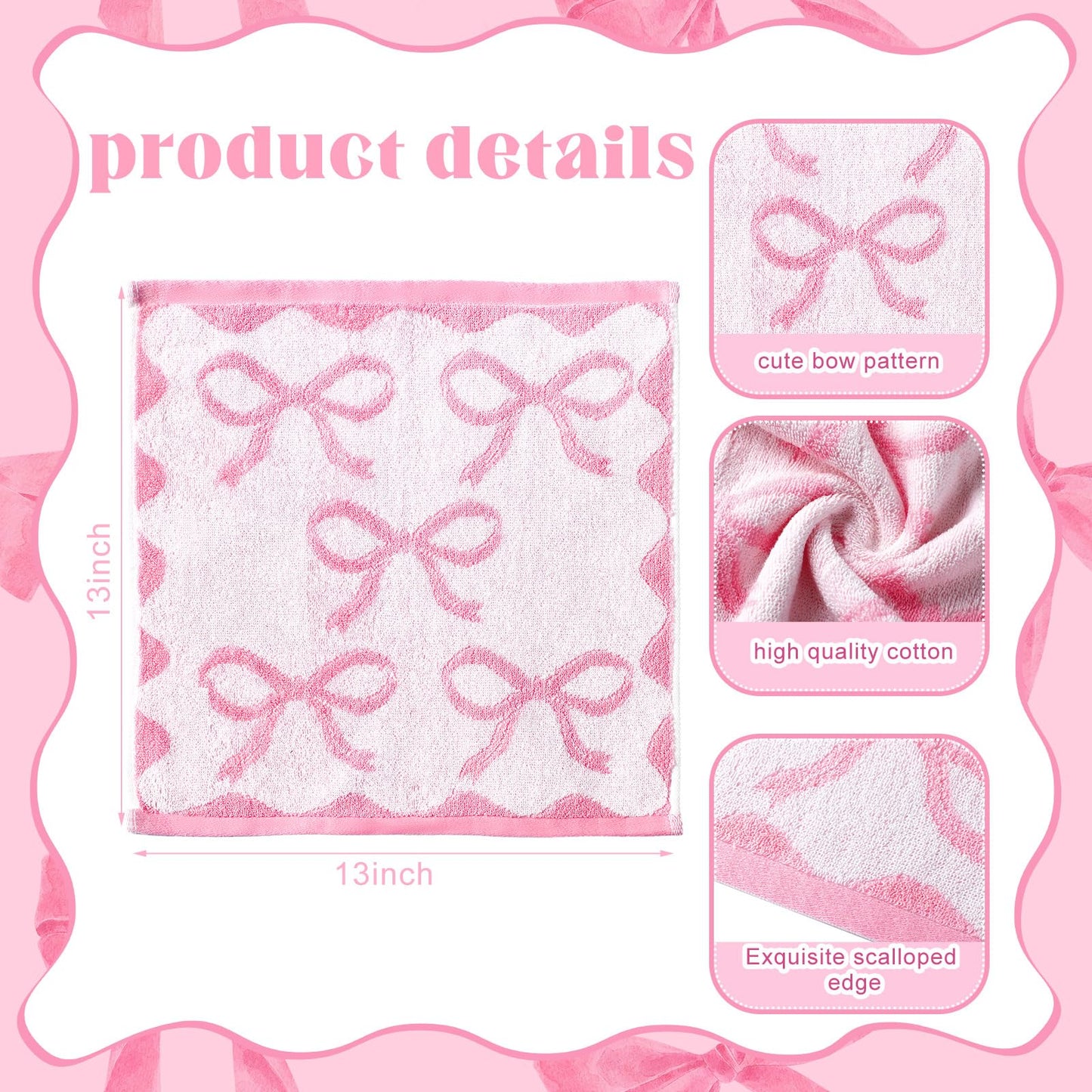 Coume 6 Pcs Pink Bow Washcloths 100% Cotton Wash Cloths 13" x 13" Coquette Small Face Towels Absorbent Soft Preppy Wash Cloths & Hand Bath Towels for Bathroom, Spa, Kitchen Drying Cleaning