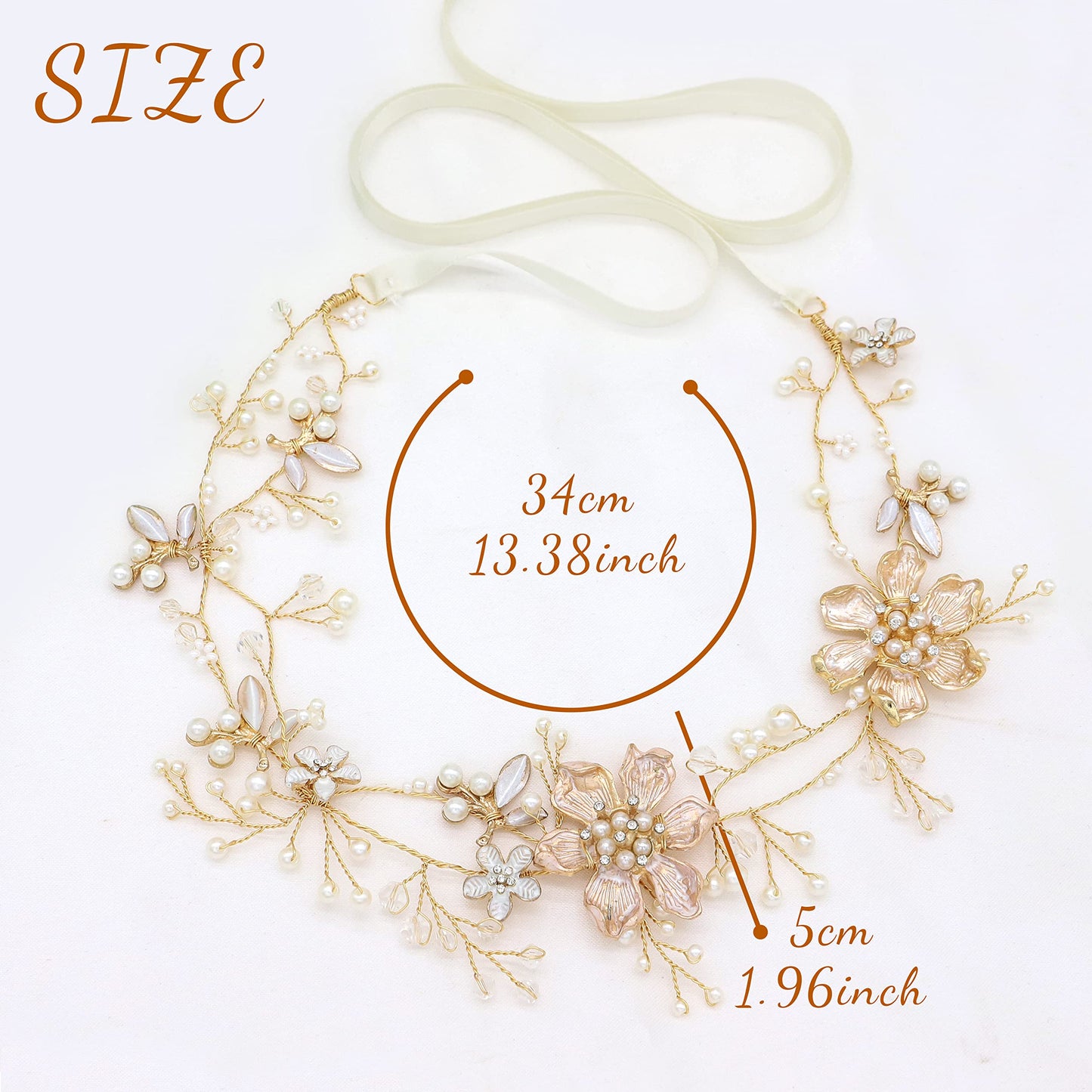 Oriamour Bridal Headpieces Flower Design With Pearls Wedding Headbands Hair Vines For Brides Women Girls Wedding Party (Gold)