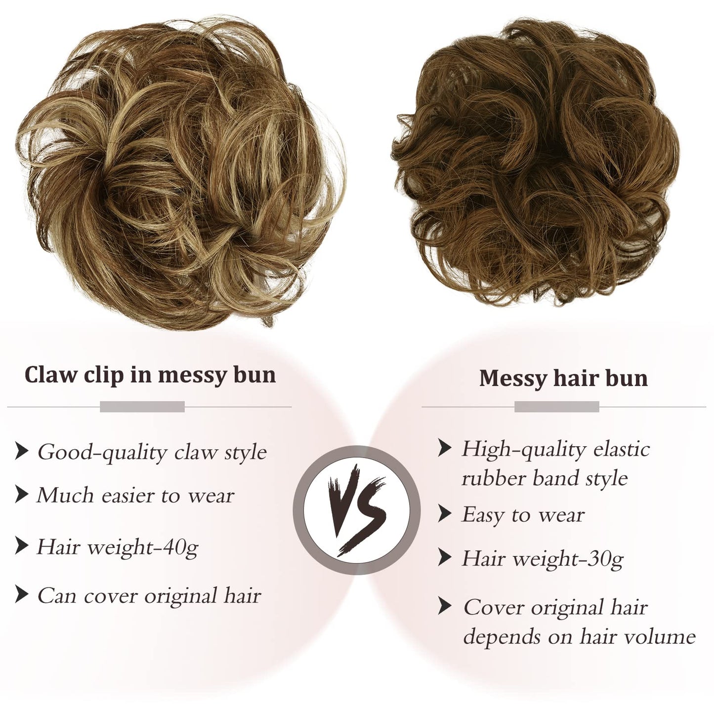 RUWISS Claw Clip Messy Bun Hair Piece Real Human Hair Buns Wavy Curly Chignon Hair Bun Extensions Tousled Updo Hair Buns Claw Clip Ponytail Hairpieces - Brown with Blonde Highlights